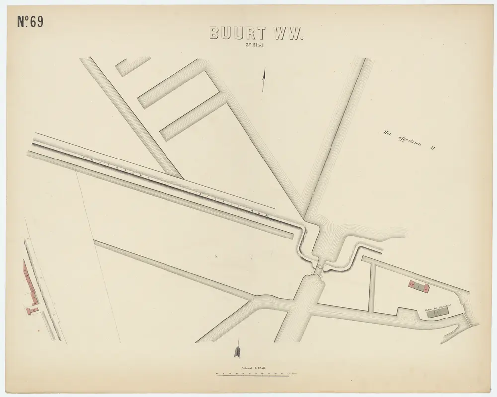 N.69 Buurt WW 3de blad, uit: Atlas van de gemeente Amsterdam : bevattende de grondteekening van alle gebouwen met de tegenwoordige nommering, en onderscheiding van gemeente-eigendommen, publieke en bijzondere gebouwen, woon- en pakhuizen : in 101 kaarten / naar officiële bronnen bewerkt; [schaal 1:1.250]