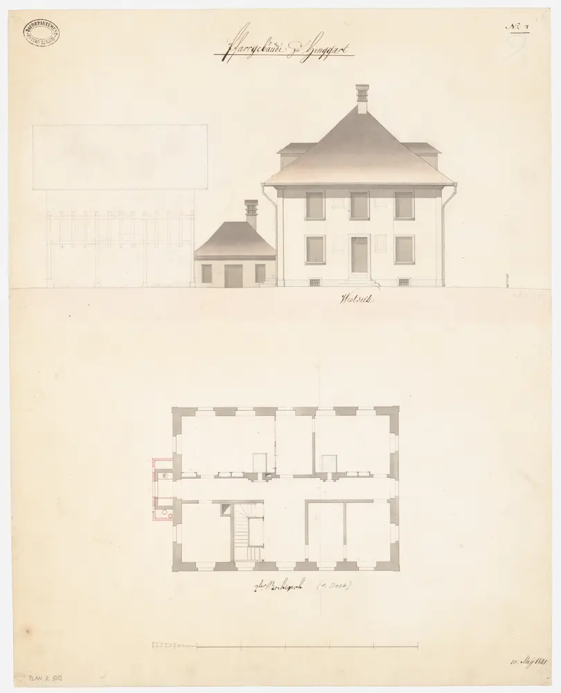 Henggart: Pfarrhaus; Westansicht und Grundriss des 1. Stocks (Nr. 7)