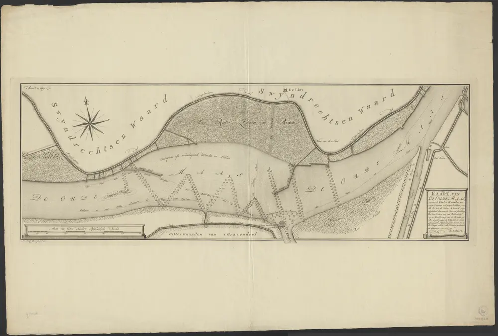 Kaart van de Oude Maas, omtrent de Lint en Krabbe, met eenige dieptens en concept kribbens, zoo als die met de letters A.B en C, zyn afgetekend, benevens de coers en strekking des vaar waters, zoo van Rotterdam op de Krabbe, als van de Krabbe op Dordrecht: zynde de dieptens in dezen uitgedrukt, Rhynlandsche voeten, en op de hoogte van de ordin.re vloeden gereduceert in Augusty 1770