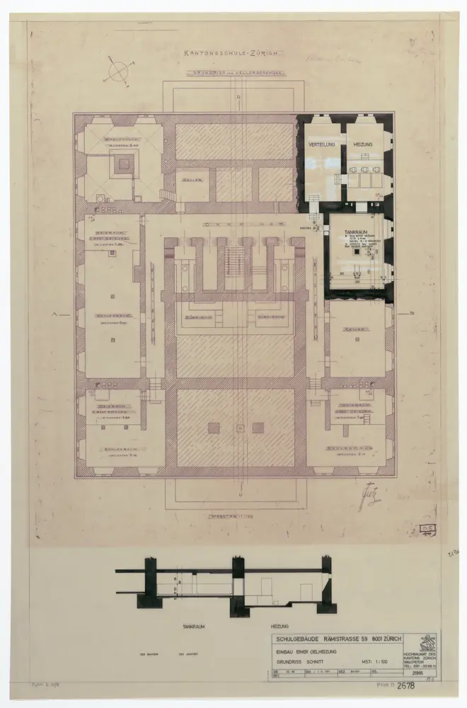 Realgymnasium, Rämistrasse 59: Einbau einer Oelheizung, Kellergeschoss; Grundriss und Schnitt