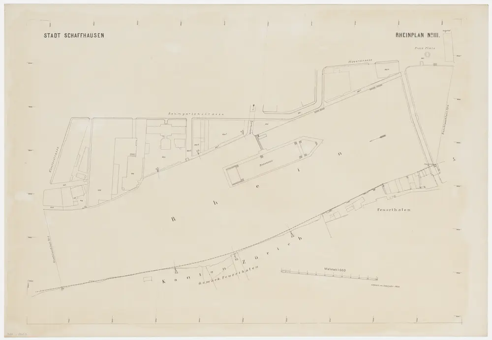 Feuerthalen, Flurlingen, Schaffhausen: Grenze zwischen den Kantonen Zürich und Schaffhausen beim Rhein zwischen Langwiesen und Flurlingen; Grundrisse: Blatt 3: Kantonsgrenze zwischen Schaffhausen (bei der Badeanstalt) und Feuerthalen; Grundriss