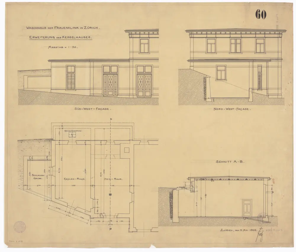 Frauenklinik Zürich, Waschhaus: Erweiterung des Kesselhauses; Ansichten, Grundriss und Schnitt A-B