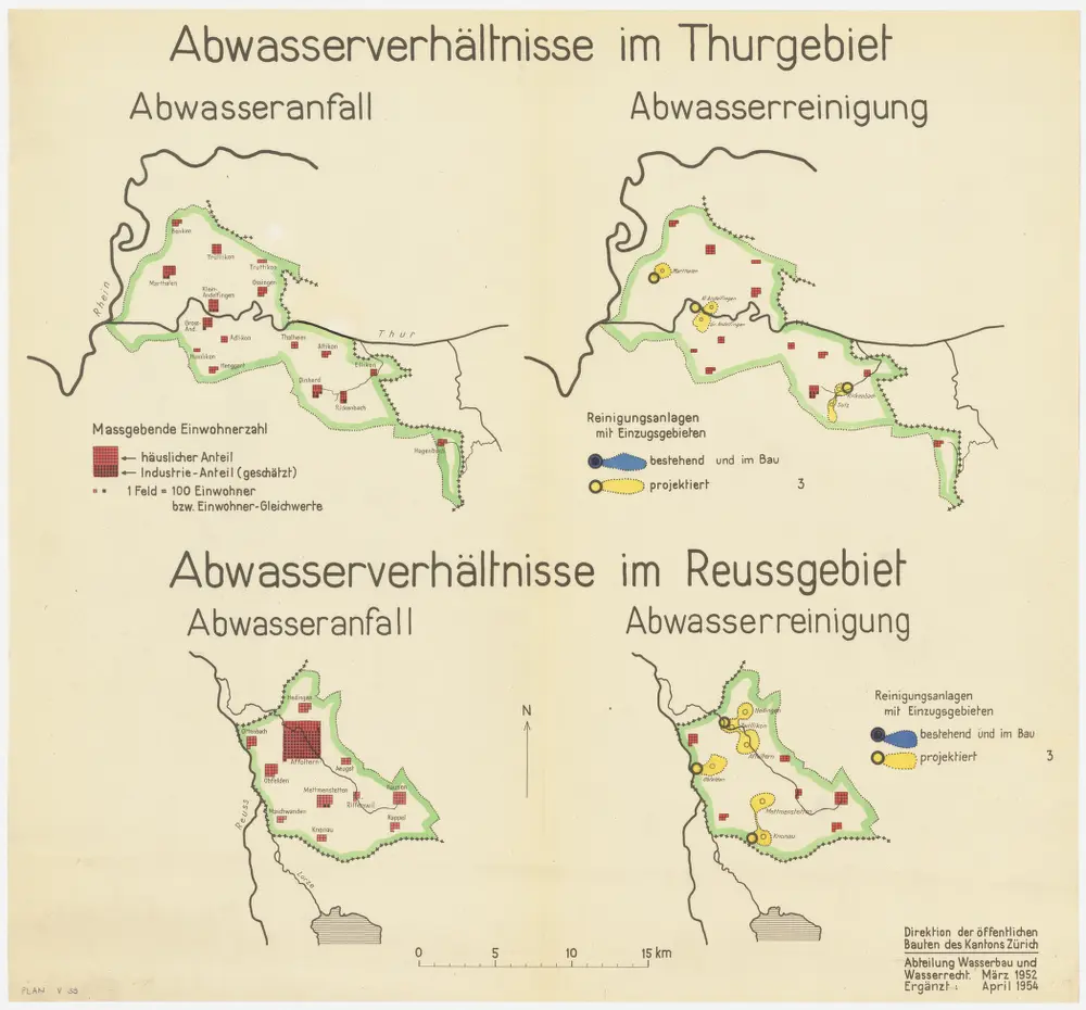 a) Gemeinden im Thurgebiet: Abwasseranfall und Abwasserreinigung; Übersichtskarten b) Gemeinden im Reussgebiet: Abwasseranfall und Abwasserreinigung; Übersichtskarten