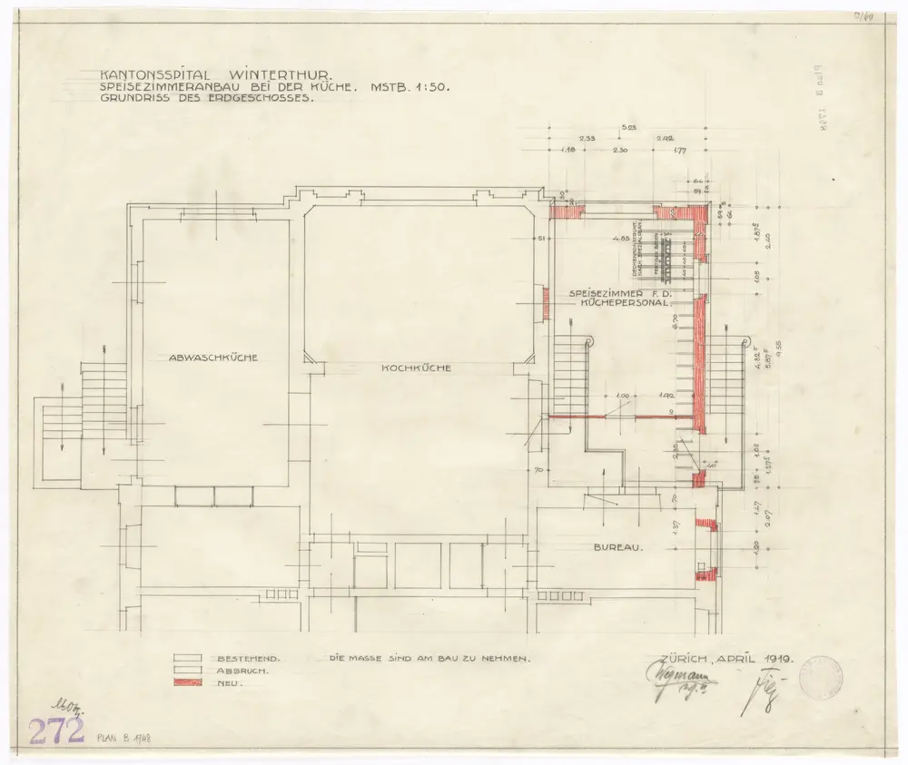 Winterthur: Kantonsspital, Hauptgebäude, Speisezimmeranbau bei der Küche, Erdgeschoss; Grundriss (Nr. 272)