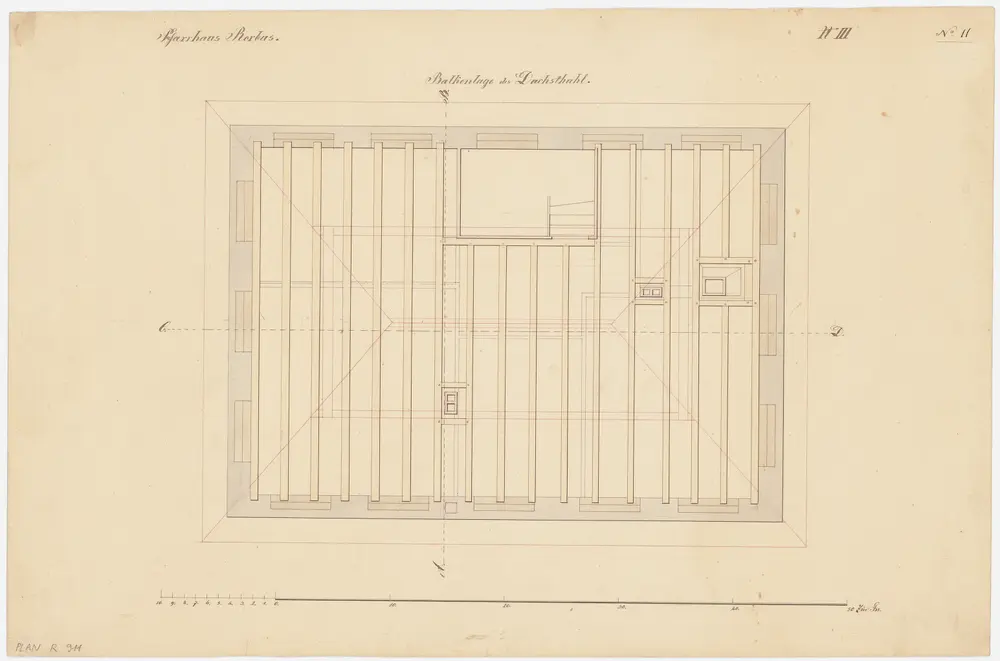 Rorbas: Pfarrhaus, Balkenlage im Dachgeschoss; Grundriss (Nr. 11)