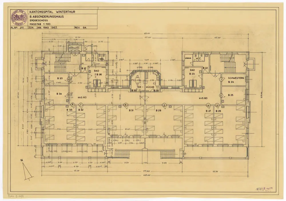 Winterthur: Kantonsspital, Absonderungshaus, Erdgeschoss; Grundriss (Nr. 211)