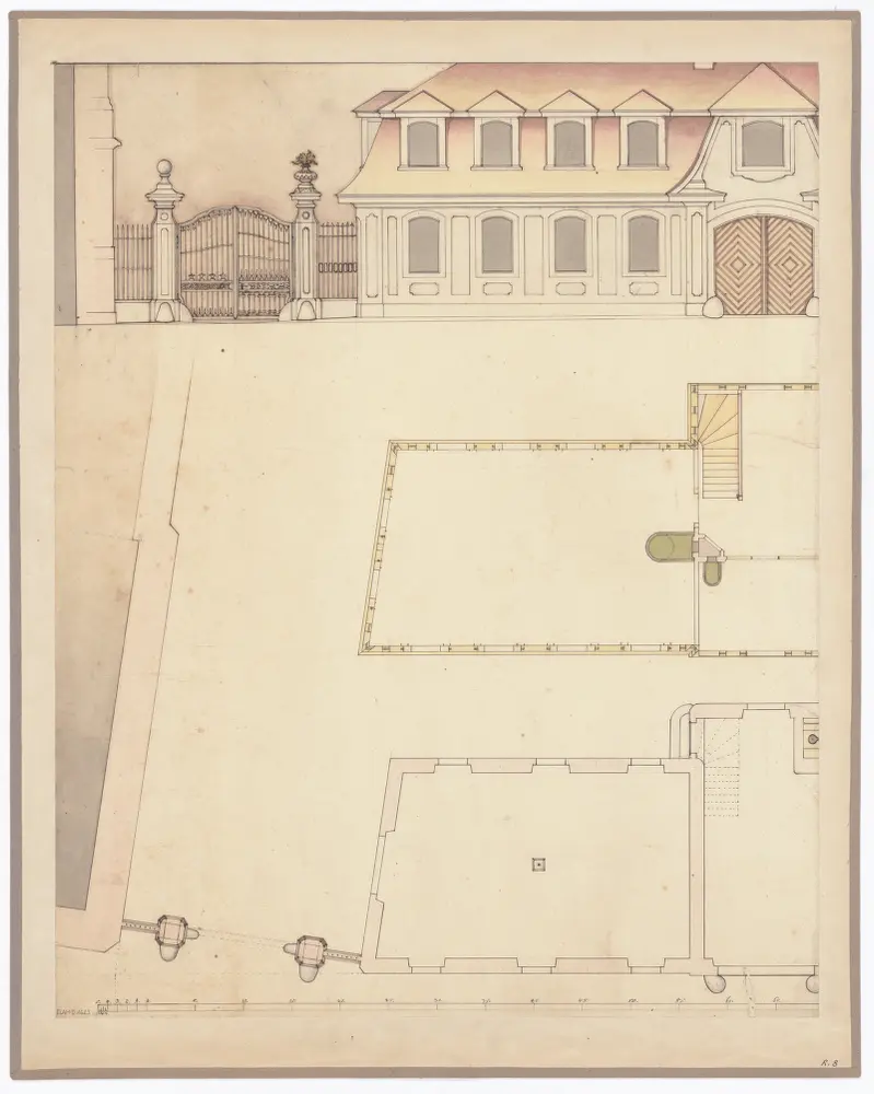 Haus zum Rechberg, Nebengebäude (Florhofgasse), Hirschengraben 40: Teilansicht und Teilgrundrisse (linkes Blatt)