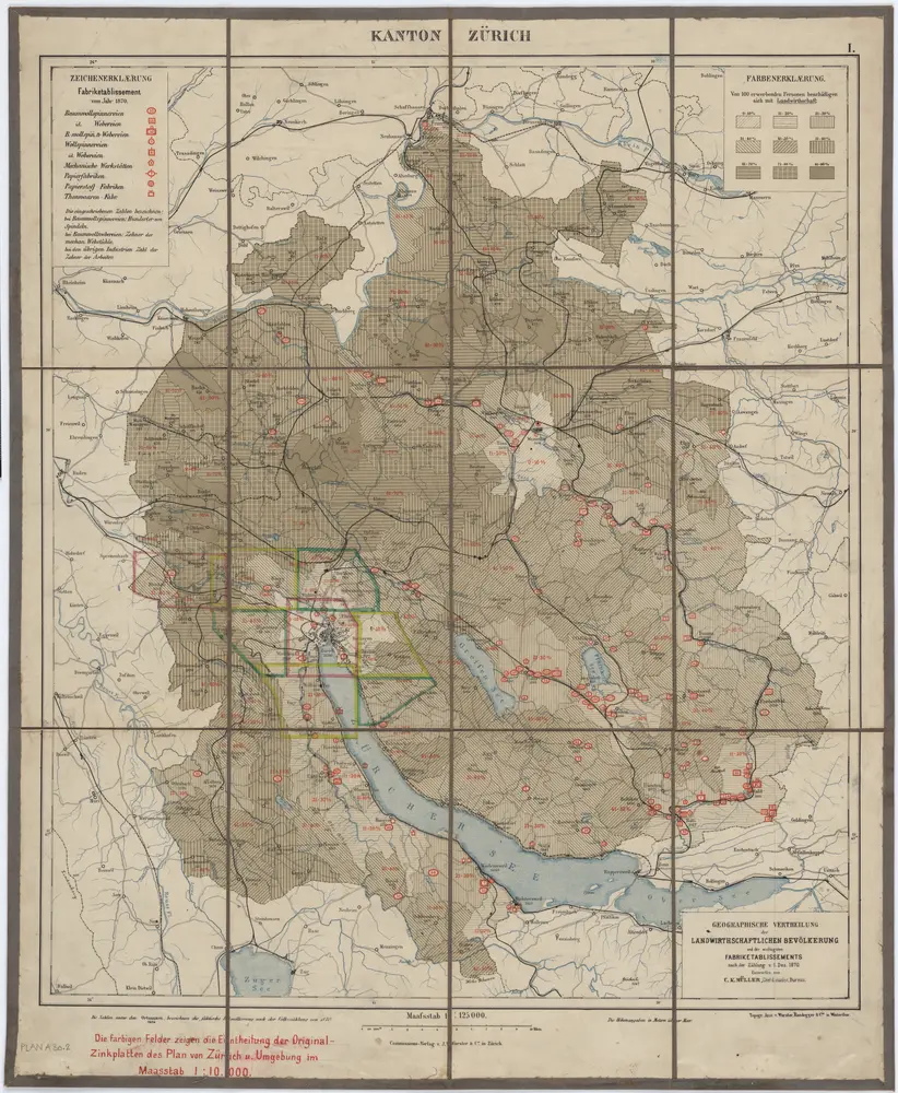 Kanton Zürich: Geographische Verteilung der landwirtschaftlichen Bevölkerung und der wichtigsten Fabriketablissements nach der Zählung vom 01.12.1870: Karte mit farbigen Feldern, die die Einteilung der Original-Zinkplatten des Plans der Stadt Zürich und Umgebung im Massstab 1 : 10000 zeigen