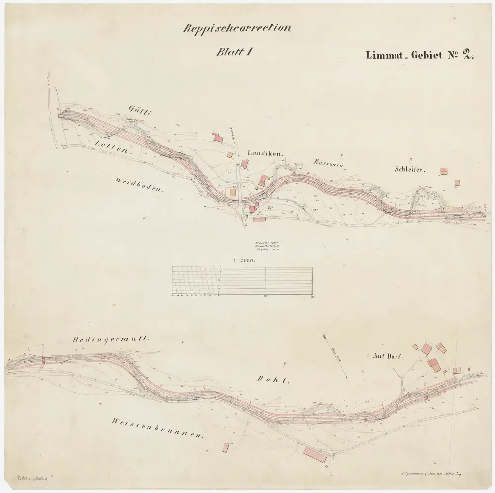 Birmensdorf bis Dietikon: Von oberhalb Landikon bis zur Einmündung in die Limmat, Reppischkorrektion: Blatt I: Birmensdorf: Landikon bis Auf Dorf; Situationsplan (Limmat-Gebiet Nr. 2)