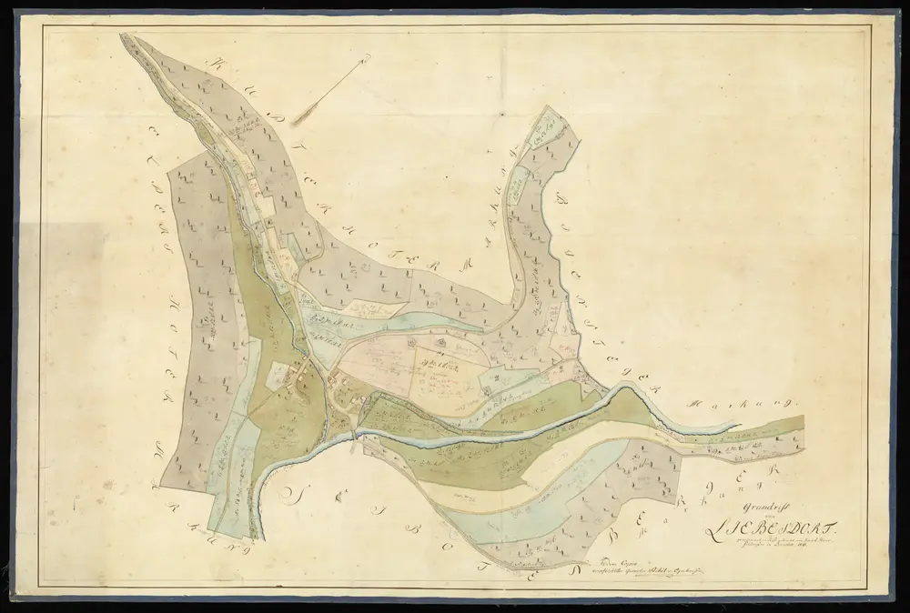 HZAN GA 100_Nr. 273_ : Liebesdorf (Kr. Crailsheim); "Grundriß von Liebesdorf";Jakob Harr, Feldmesser in Dornstatt; Copie durch Geometer Stikel in Egenhausen;ohne Maßstab [50 cm = 1 km];91,5 x 62,5 cm; Norden oben rechts;Papier; Federzeichnung; Flur- und Waldstücke, Häuser in Wasserfarben; Meßgehalt der einzelnen Grundstücke angegeben.