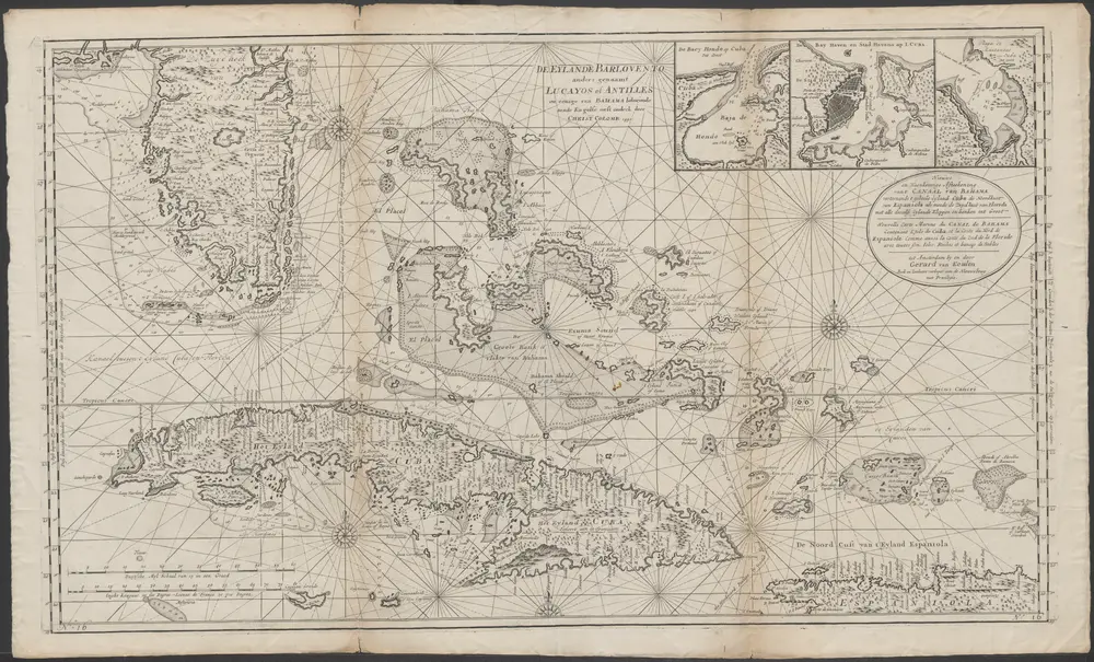 Nieuwe en naeukeurige afteekening vant Canaal van Bahama vertoonende t geheele eyland Cuba de Noordkust van Espaniola als meede de Zuydkust van Florida met alle desselfs eylands klippen en banken int groot = Nouvelle carte marine du Canal de Bahama contenant l'Isle de Cuba, et la coste du Nord de Espaniole comme aussi la coste du Zud de la Floride avec toutes son isles, roches et bancqs de sables