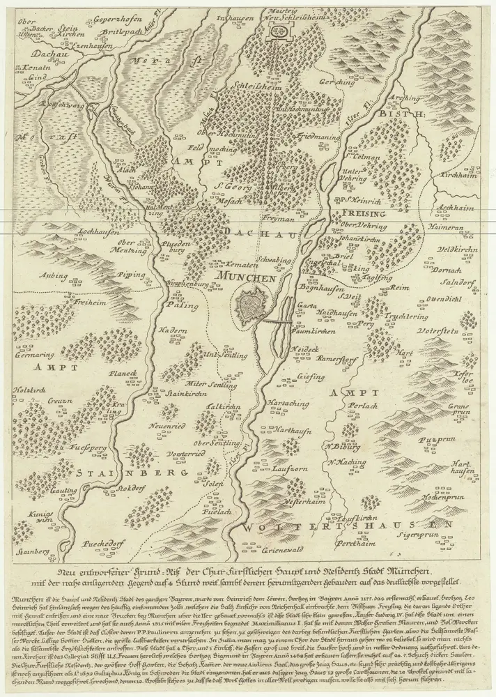 Neu entworfener Grund-Riss der chur-fürstlichen Haupt und Residentz Stadt München mir der nahe anligenden Gegend auf 4 Stund weit, sambt denen herumliegenden Gebauden auf das deutlichste vorgestellet