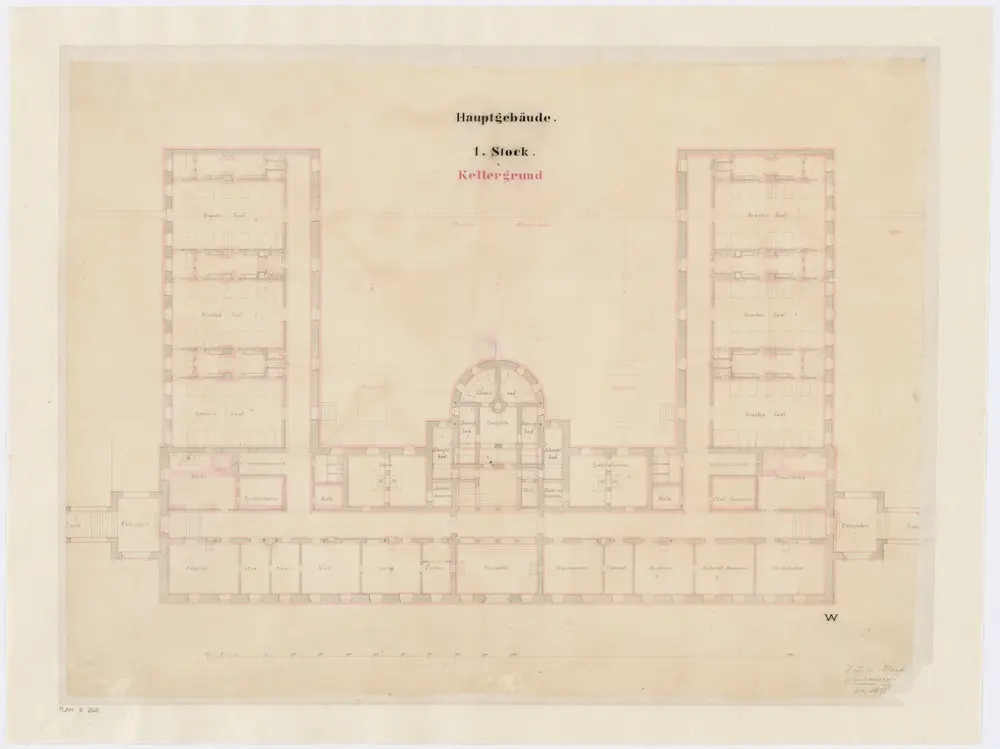 Fluntern: Projektiertes Kantonsspital, Hauptgebäude, Kellergeschoss und 1. Stock; Grundriss