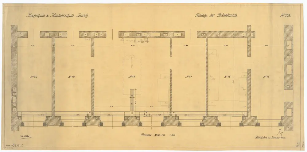 Universität Zürich (Chemisches Institut) und Kantonsschule Zürich, Neubau Rämistrasse 76: Bodenkanäle: Räume Nr. 45-50; Grundriss