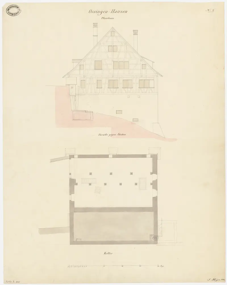 Ossingen: Pfarrhaus; Südansicht und Grundriss des oberen Kellers (Nr. 2)