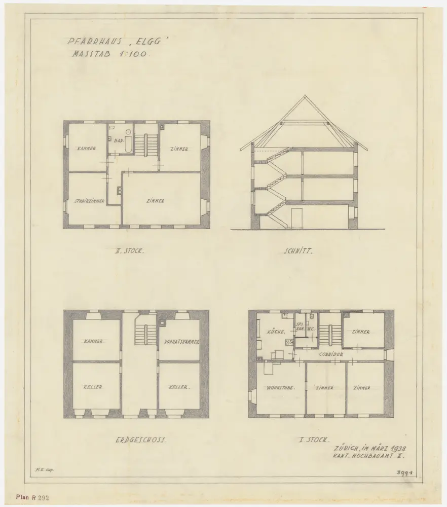 Elgg: Pfarrhaus; Grundrisse des Erdgeschosses, des 1. und 2. Stocks und Querschnitt (Nr. 3)