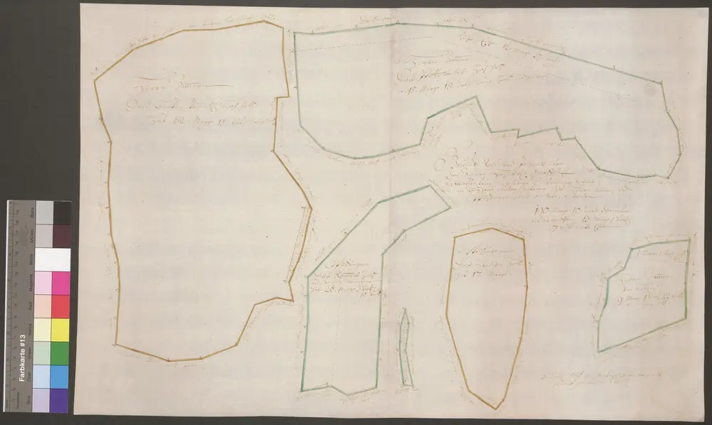 HZAN GA 100_Nr. 27_ : Bartenstein; [Herrenzimmerer Forst, Waldkarte];ohne Verfasser, ohne Maßstab;60 x 39,5 cm;Papier; Federzeichnung; Grenzen in Wasserfarbe; Eintrag des Meßgehalts und der Anlieger.