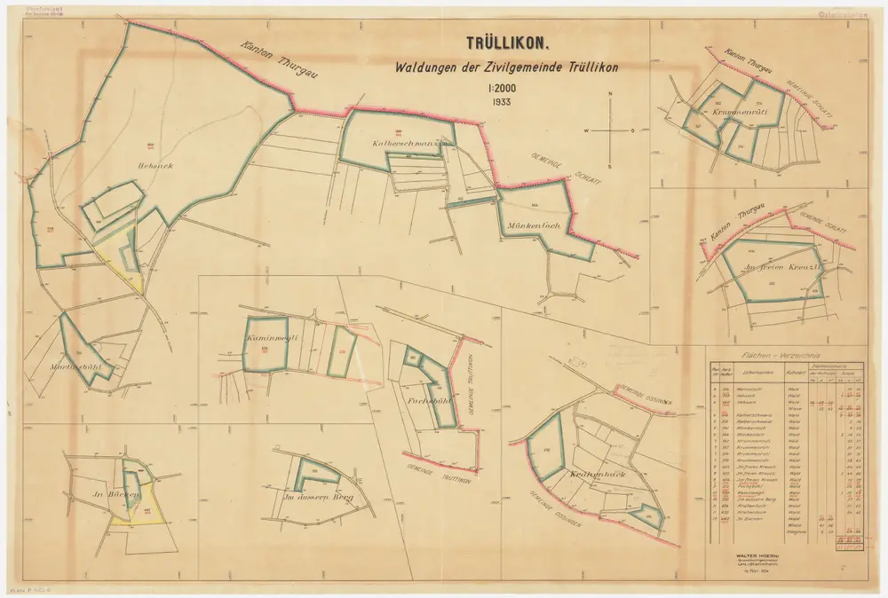 Trüllikon: Gemeindewaldung: Hebsack, In Bücken, Münchenloch (Münkenloch), Chalberschwanz (Kalberschwanz), Martisbüel (Martisbühl, Martinsbühl), Krähenbuck, Chrummenrüti (Krummenrüti), Fuchsbüel, Chrüzli (Im freien Kreuzli), Ob dem Weiher, Chämiwegli (Kaminwegli); Grundrisse