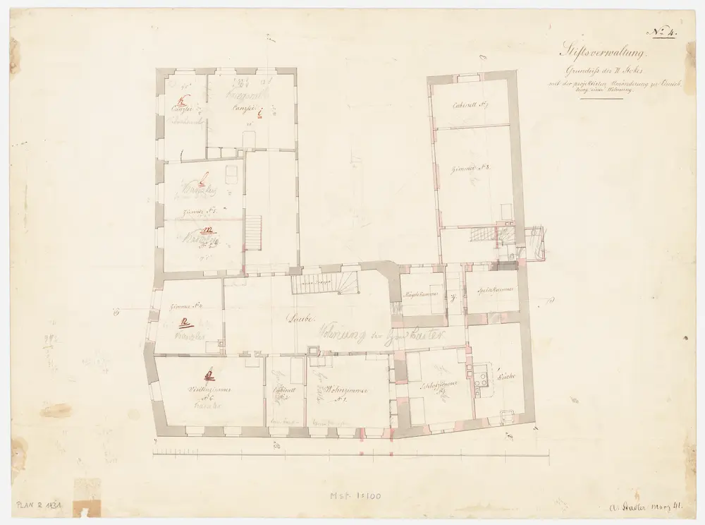 Zürich: Verwaltungsgebäude des Grossmünsterstifts, projektierte Umänderung zur Einrichtung einer Wohnung, 2. Stock; Grundriss (Nr. 4)