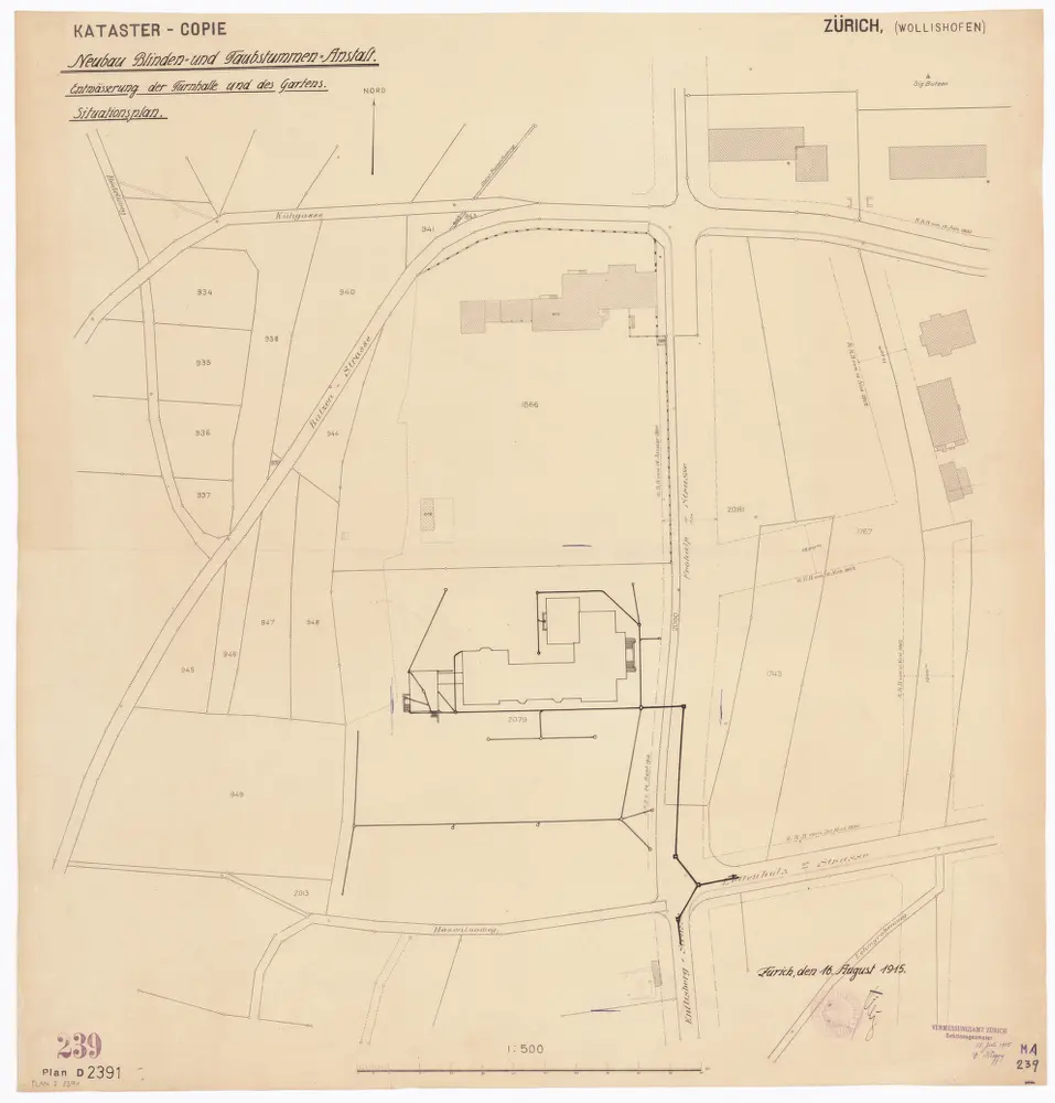 Blinden- und Taubstummenanstalt Entlisberg, Wollishofen: Turnhalle und Garten; Situationsplan betreffend Entwässerung