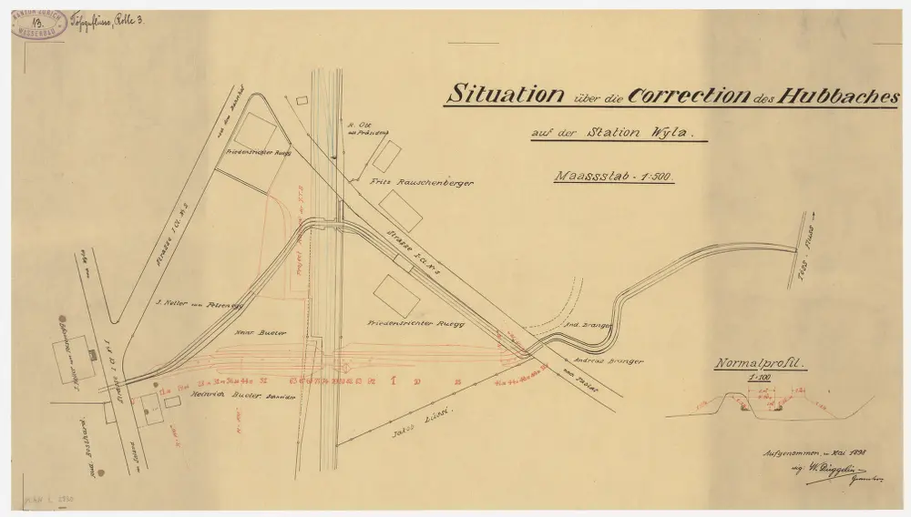 Wila: Bei der Station, Hubbachkorrektion; Situationsplan und Normalprofil