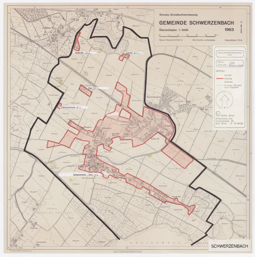 Schwerzenbach: Definition der Siedlungen für die eidgenössische Volkszählung am 01.12.1970; Siedlungskarte