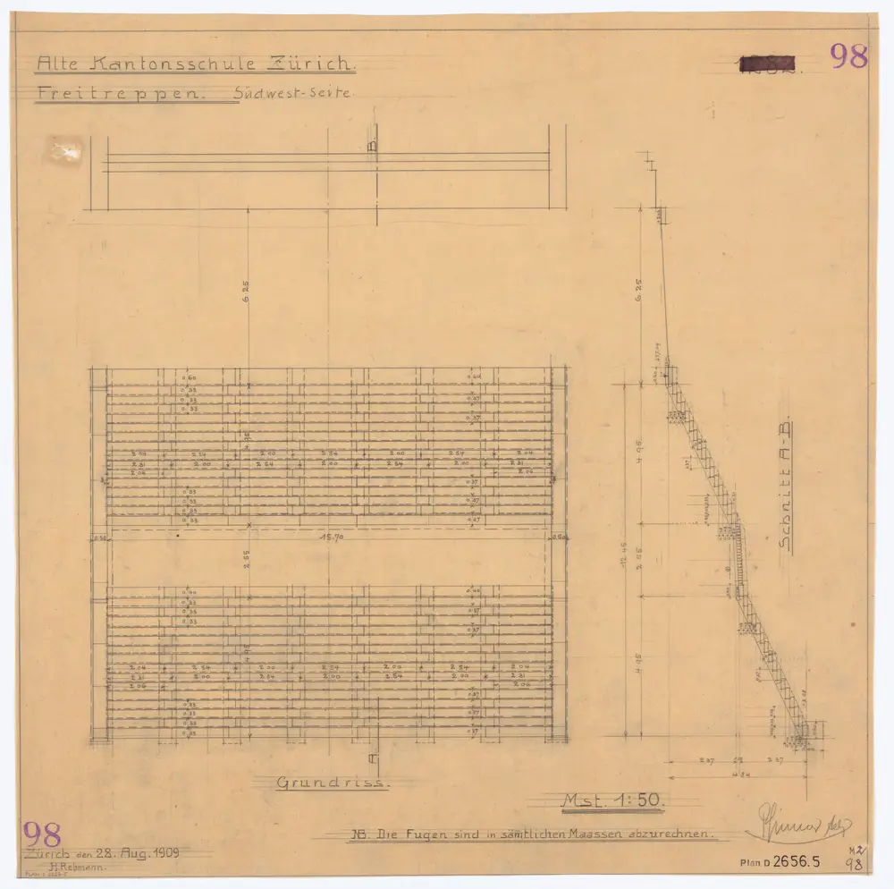 Alte Kantonsschule (Seminar), Rämistrasse 59: Balkenlagen, Stützen, Brüstung und Freitreppe: Freitreppe, Südwestseite; Grundriss und Schnitt A-B