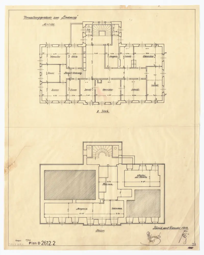 Verwaltungsgebäude Lindenegg, Untere Zäune 2: Keller und 2. Stock; Grundrisse