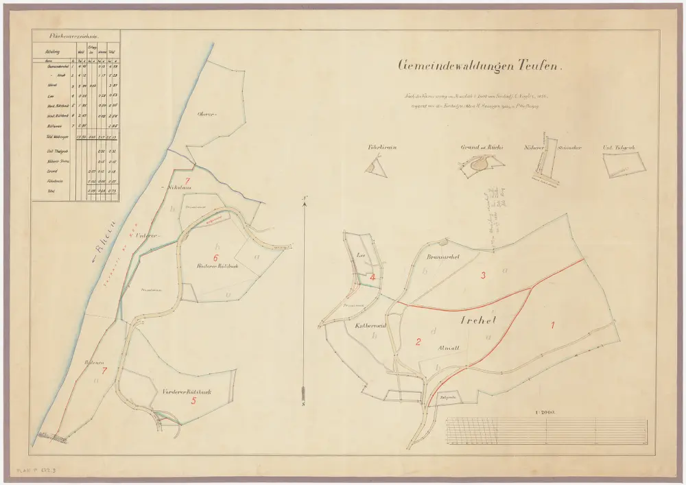 Freienstein-Teufen: Gemeindewaldungen Teufen, Oberteufen, Hinterteufen: Gemeindewaldung Teufen mit Niklaushalden (Im Nikolaus), Irchel, Vorderer Rütibuck, Hinterer Rütibuck, Rütenen, Irchel, Leh (Lee), Brunnirchel, Chalberweid (Kalberweid), Almatt, Talgrueb (Talgrube), Steinacker, Rüchi, Föhrlirain; Grundrisse