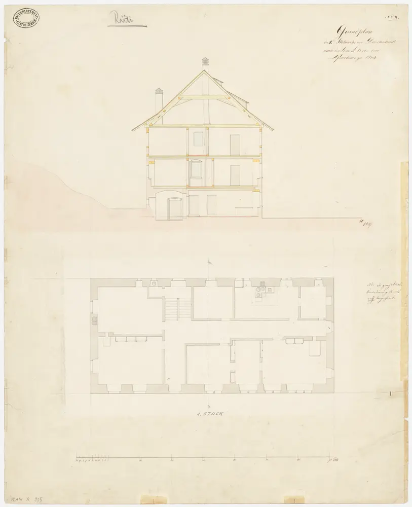 Rüti: Pfarrhaus; Grundriss des 1. Stocks und Querschnitt (Nr. 4)