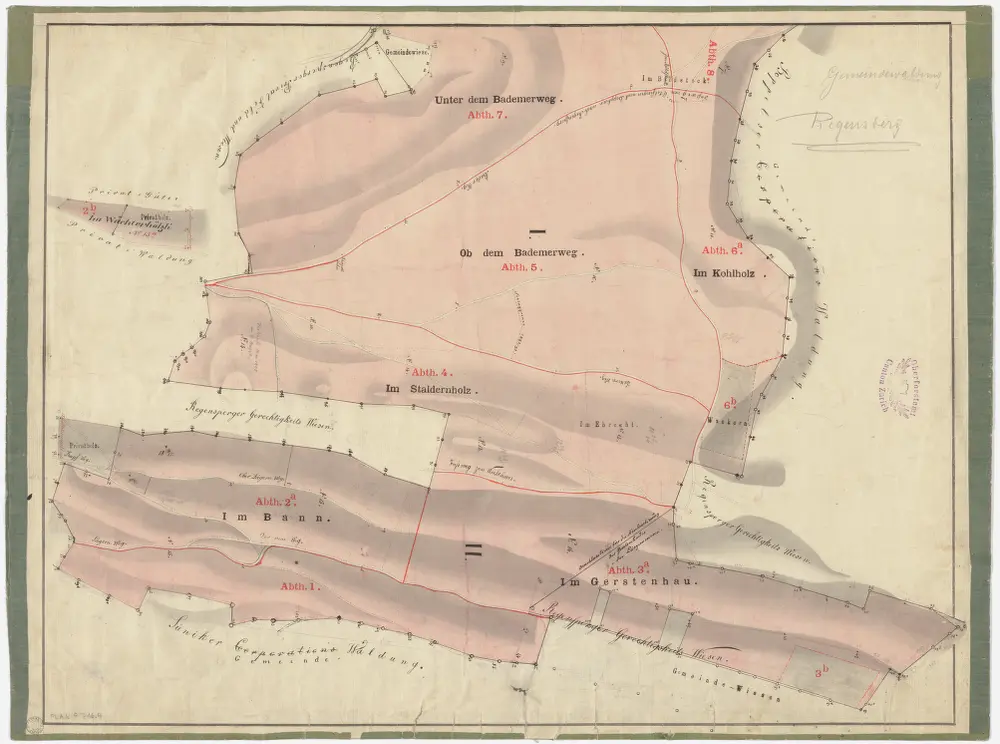 Regensberg: Gemeindewaldung: Baa (Bann), Gerstenhau, Stalderen (Im Staldernholz), Ob dem Baderweg, Unter dem Baderweg (Bademerweg), Cholholz (Im Kohlholz), Ebrecht, Wakeren (Wackern); Grundrisse