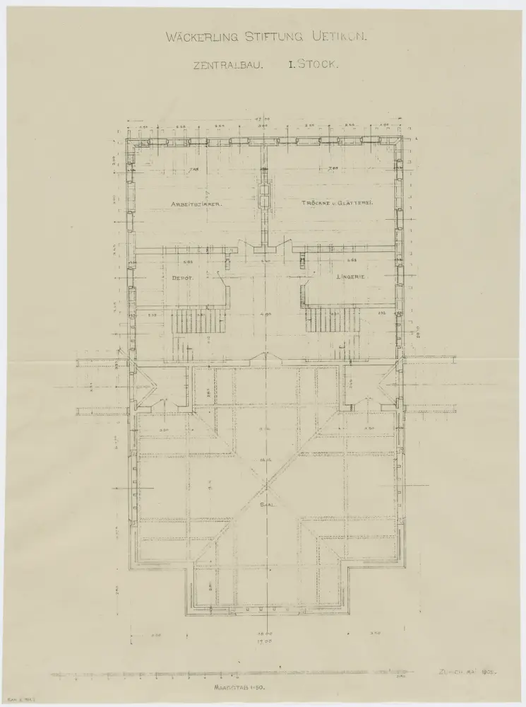 Uetikon am See: Wäckerlingstiftung, Zentralbau; Ansichten, Grundrisse und Querschnitt: 1. Stock; Grundriss