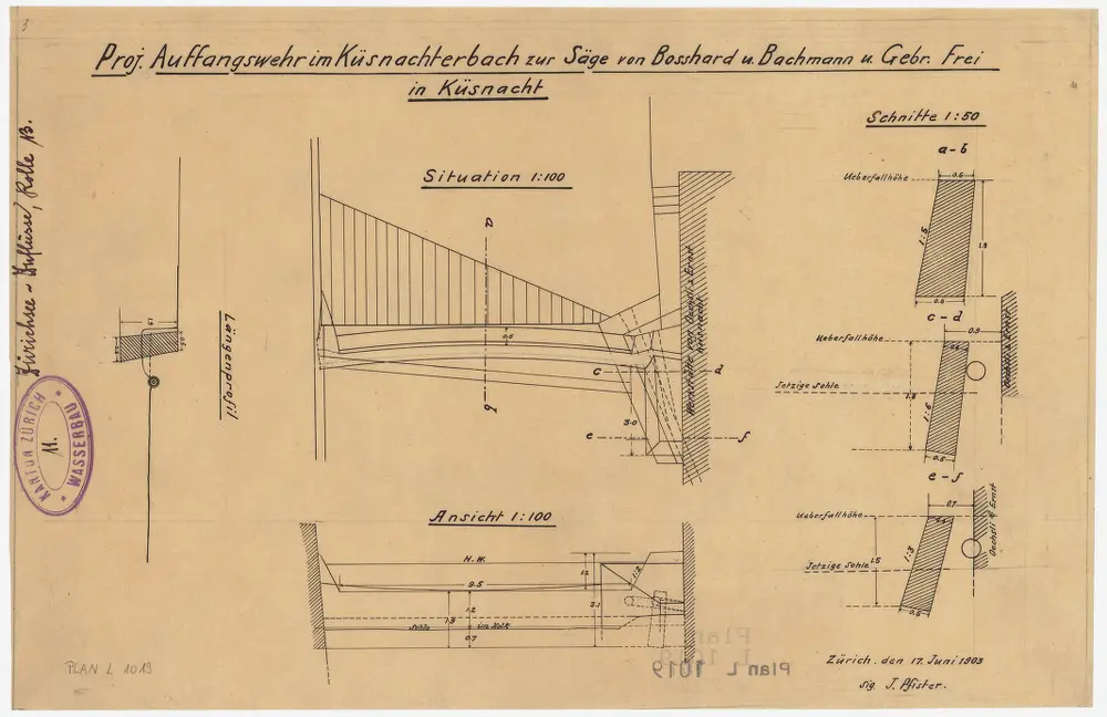 Küsnacht: Dorfbach, projektiertes Auffangwehr zur Sägerei von Bosshard und Bachmann und Gebrüder Frei; Situationsplan, Ansicht, Schnitte und Längsprofil