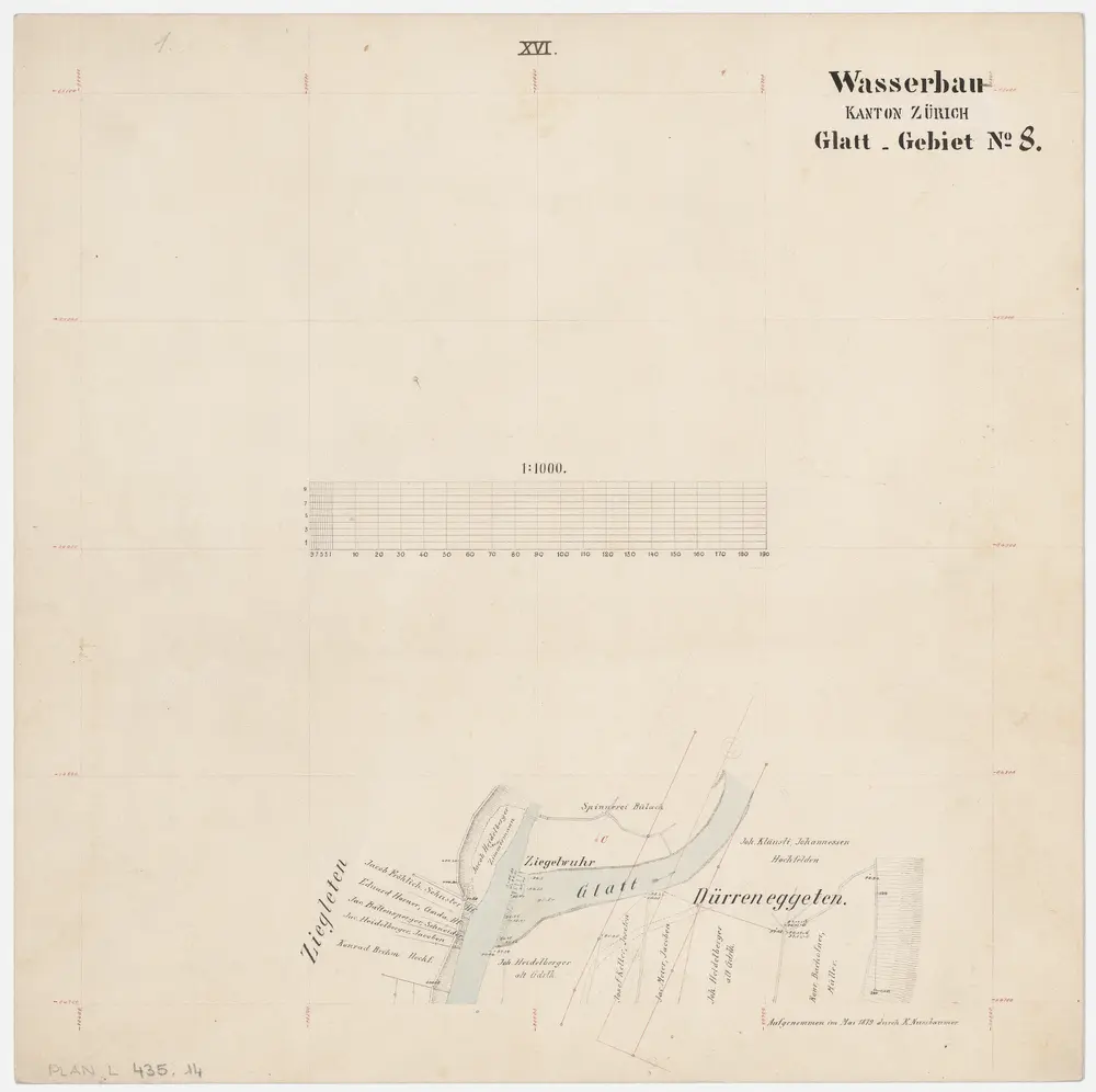 Rümlang bis Bülach: Glatt von der Mühle in Rümlang bis zum Zieglenwehr in Bülach; Grundrisse (Glatt-Gebiet Nr. 8): Blatt XVI: Glatt beim Zieglenwehr in Bülach; Grundriss (Glatt-Gebiet Nr. 8)