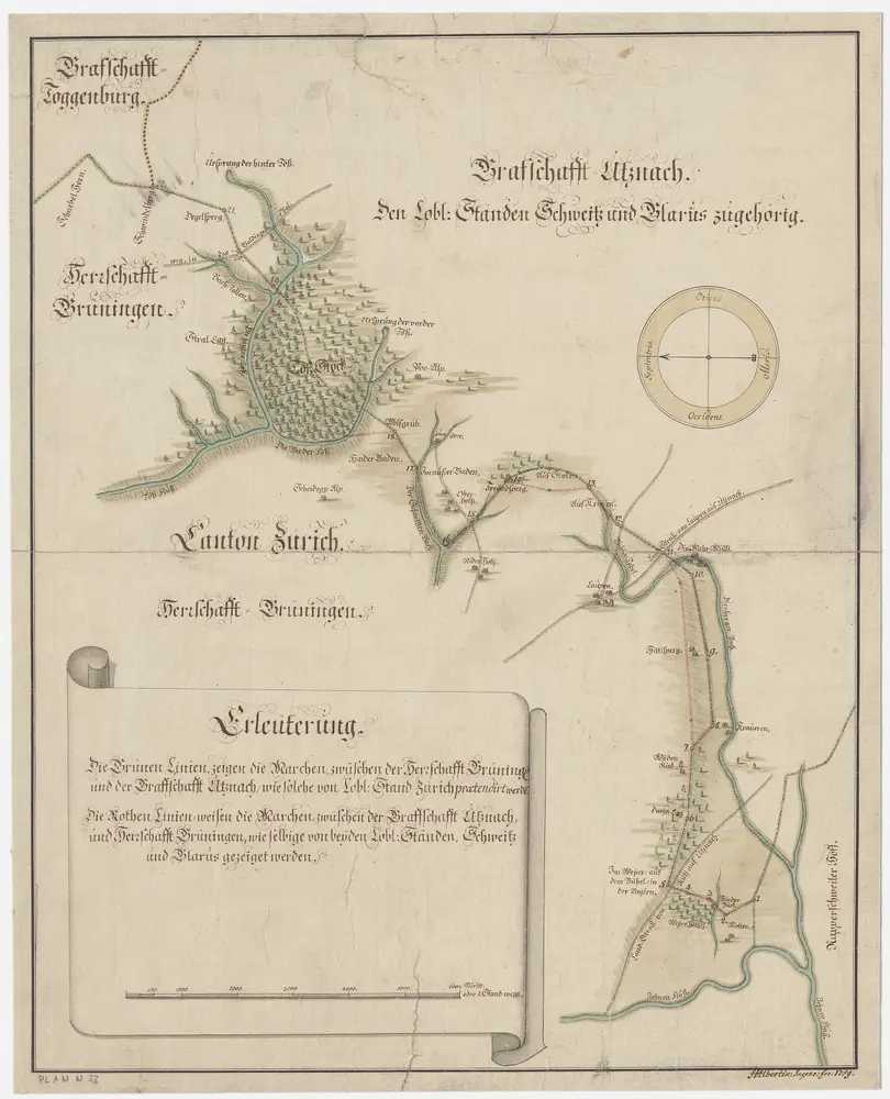 Grenze zwischen der Landvogtei Grüningen und den Grafschaften Uznach und Toggenburg vom Tössstock bis zur Jona; Grundriss