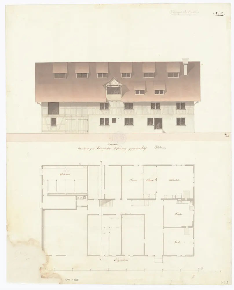 Tierarzneischule Selnaustrasse, Verwaltungsgebäude (ehemalige Scharfrichterwohnung): Ostansicht und Grundriss (Erdgeschoss)