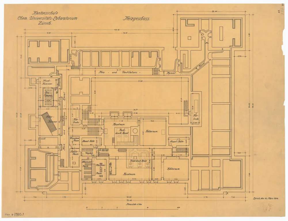 Universität Zürich (Chemisches Institut) und Kantonsschule Zürich, Neubau Rämistrasse 76: Grundrisse: Heizgeschoss; Grundriss