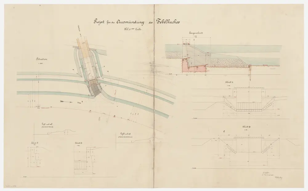 Zell: Töss bei Rikon, projektierte Ausmündung des Tobelbachs; Situationsplan, Längsschnitt und Schnitte