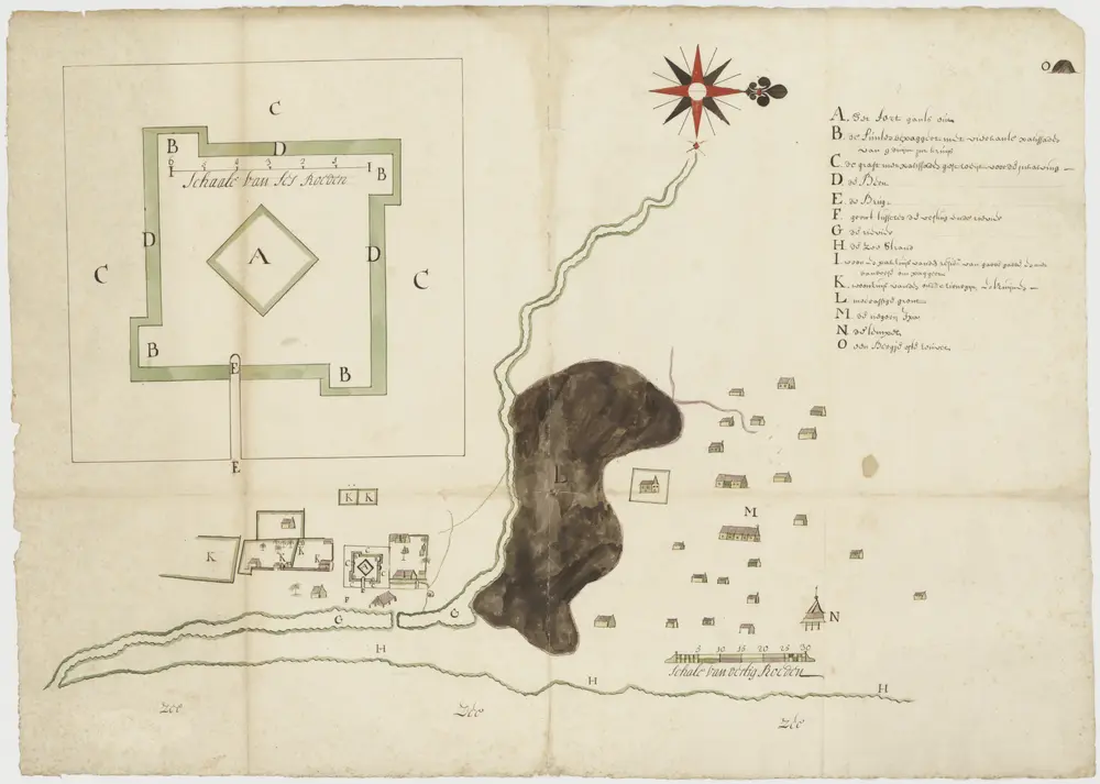 Kaart voorstellende (volgens Leupe) het fort Claverblad en omgeving op Soela Besi. Met karton voorstellende het fortje op grooter schaal.