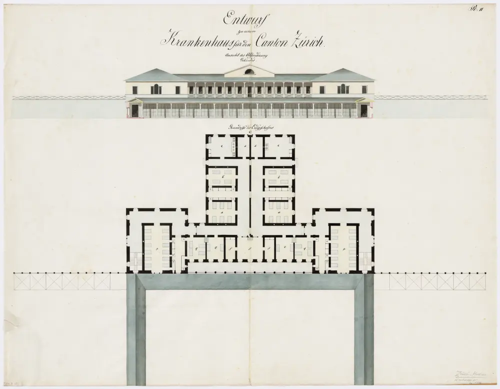 Fluntern: Projektiertes Kantonsspital, Absonderungshaus; Ansicht und Grundriss