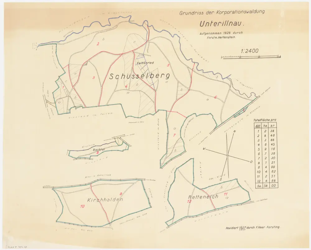 Illnau-Effretikon (damals Illnau): Gemeinde- und Genossenschaftswaldungen Oberillnau und Unterillnau: Genossenschaftwaldung Unterillnau mit Schüsselberg, Bachtel, Chilchhalde (Kirchhalde), Retteneich; Grundrisse