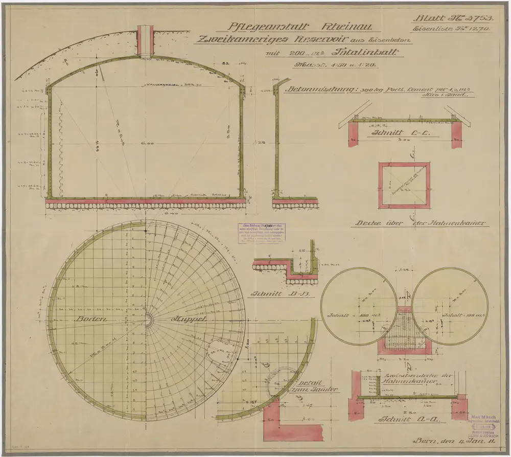 Pflegeanstalt Rheinau: Wasserversorgung, Reservoir; Konstruktionsplan