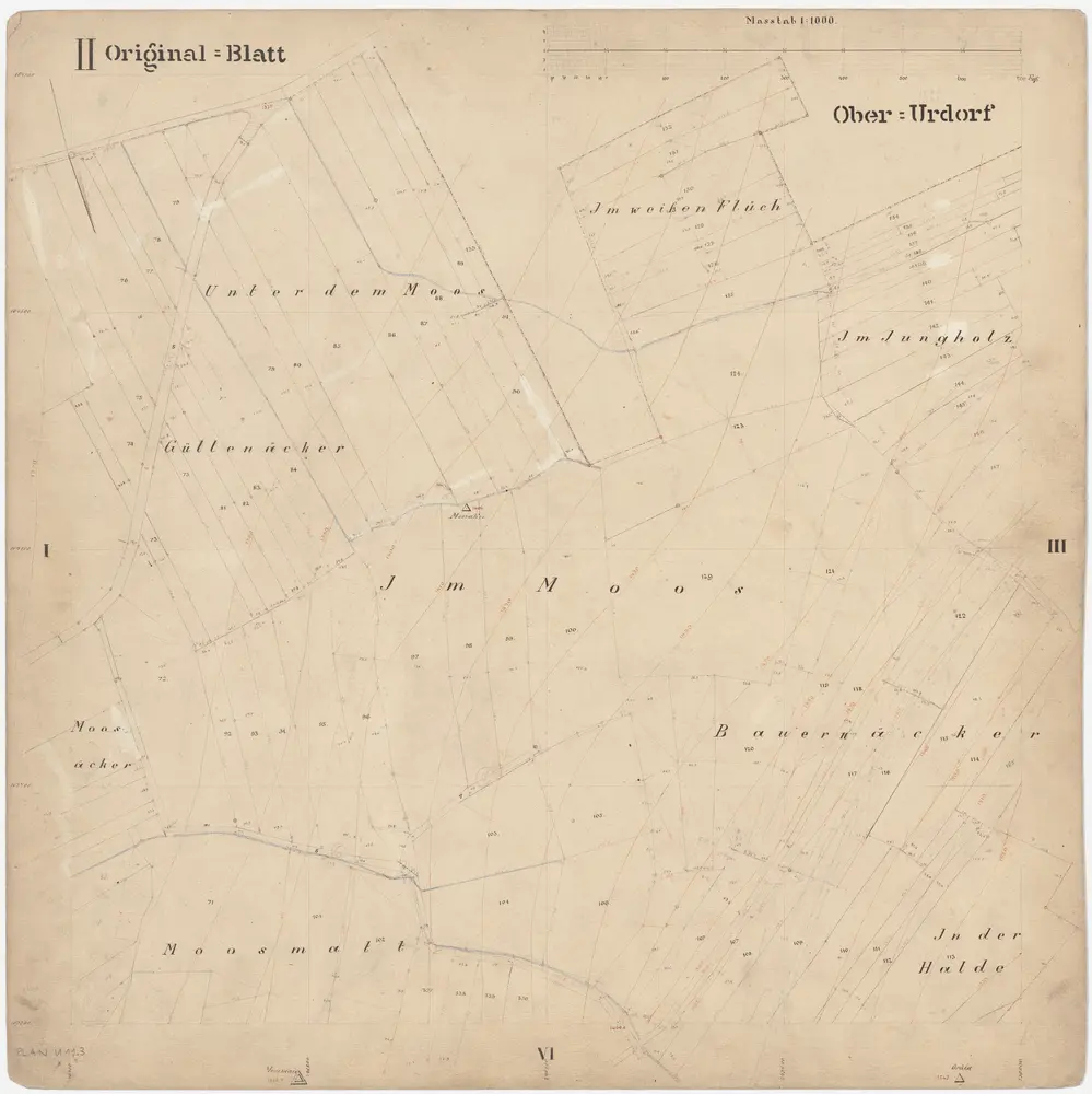 Oberurdorf: Gemeinde; Katasterpläne: Blatt II: Im weissen Flüch, Unter dem Moos, Im Jungholz, Güllenacker, Im Moos, Moosacker, Baurenacker (Bauernacker), Moosmatt und In der Halde; Situationsplan