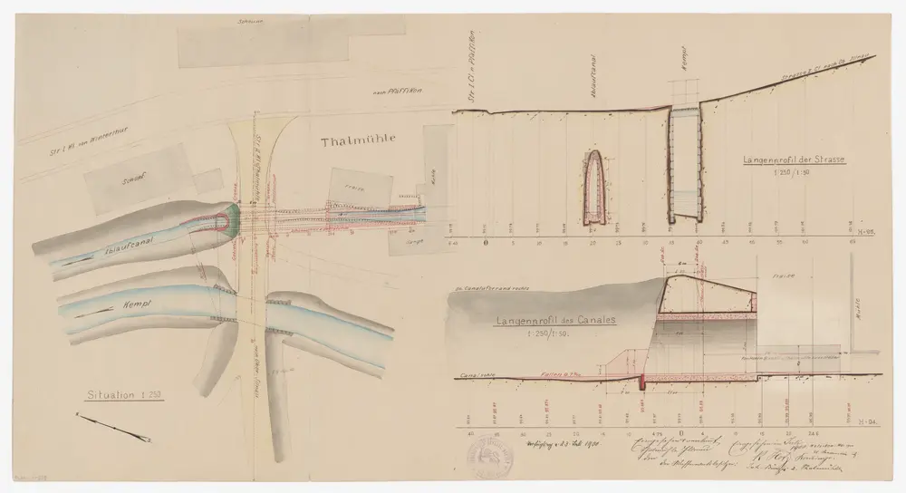 Illnau-Effretikon (damals Illnau): Projektierte gewölbte Brücke über den Ablaufkanal der Thalmühle; Situationsplan und Längsprofile (Strasse und Kanal)