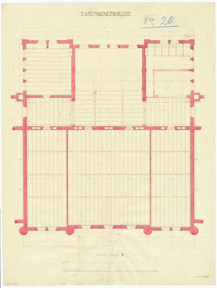 Projektierte Kaserne: Mittelbau, 4. Stock; Grundriss