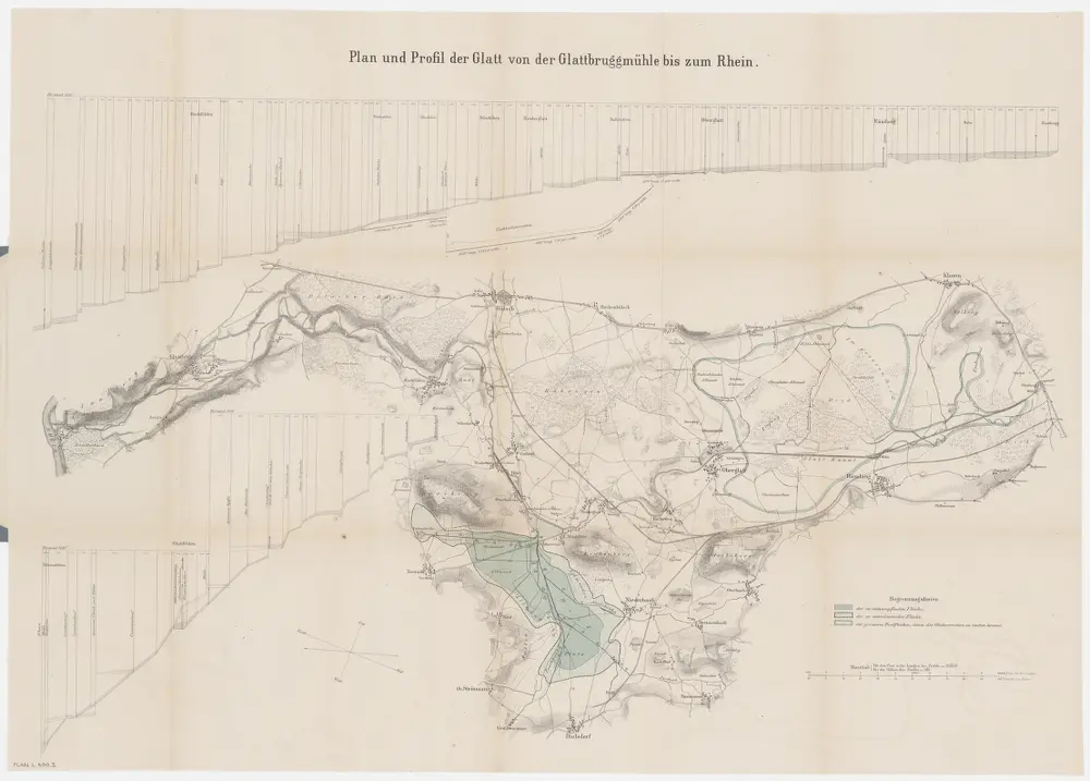 Mönchaltorf bis Glattfelden: Glattkorrektion; Situationspläne: Opfikon bis Glattfelden: Glatt von der Glattbrugger Mühle bis zur Einmündung in den Rhein, zu entsumpfende und zu entwässernde Flächen; Situationsplan und Längsprofile