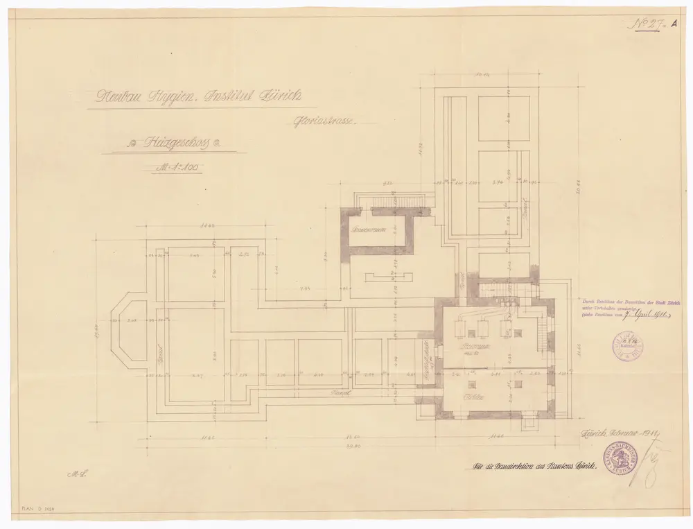 Hygiene-Institut, Neubau an der Gloriastrasse: Heizgeschoss; Grundriss