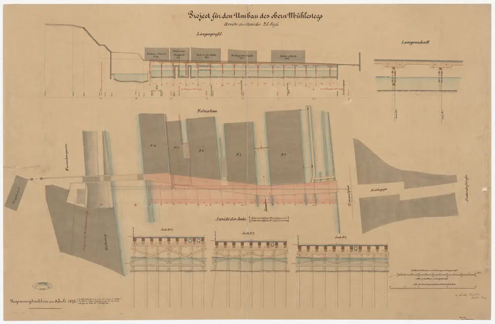 Zürich: Oberer Mühlesteg, projektierter Umbau; Situationsplan, Ansicht und Längsprofil (Zürichsee-Abfluss Nr. 88 a)