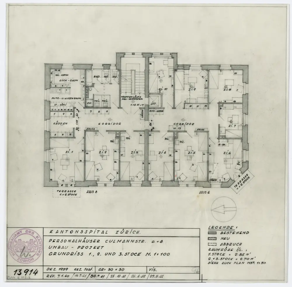 Zürich: Kantonsspital, Personalhäuser Culmannstrasse 6 und 8, Umbauprojekt; Grundrisse: 1., 2. und 3. Stock