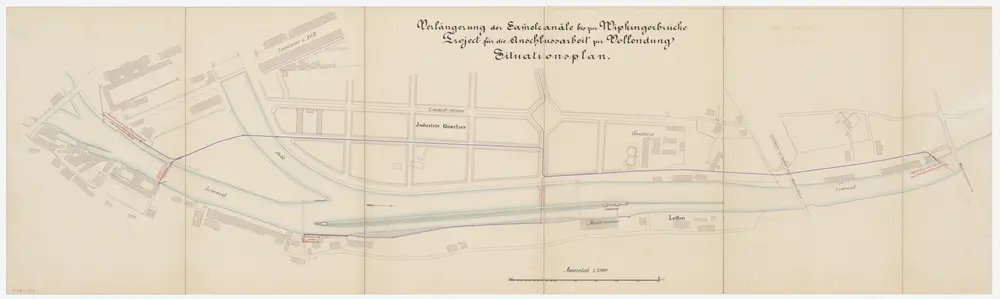 Wipkingen, Unterstrass, Aussersihl: Oberhalb der Wipkingerbrücke, Verlängerung der Sammelkanäle bis zur Wipkingerbrücke, projektierte Anschlussarbeit zur Vollendung; Situationsplan